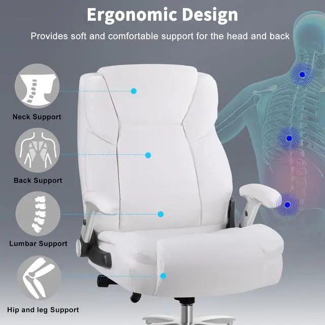 Alt view image 5 of 7 - Big and Tall Office Chair 600lbs, Ergonomic Heavy Duty Executive Office Chair, High Back Office Leather Chair with Adjustable Armrests and Lumbar Support, White Big Tall Chair for Heavy People