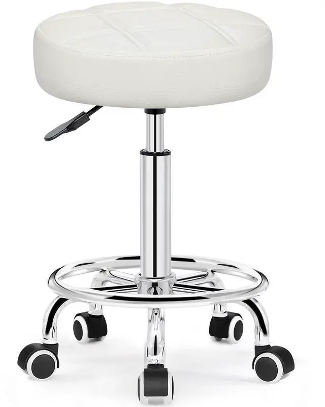 Main image of Rolling Stool with Wheels, PU Leather Small Office Chair with Foot Rest,Versatile Adjustable Swivel Stool for Tattoo Massage Salon Spa Teach Medical Facial Office Home Work Kitchen White