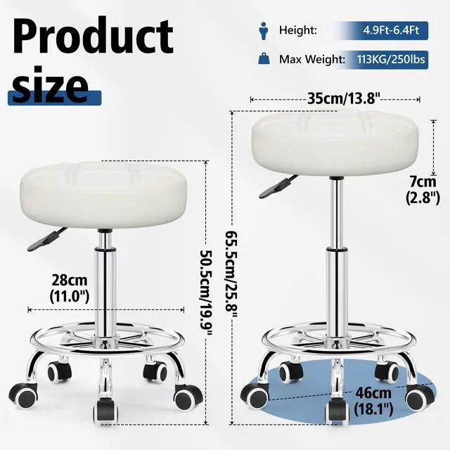 Alt view image 2 of 7 - Rolling Stool with Wheels, PU Leather Small Office Chair with Foot Rest,Versatile Adjustable Swivel Stool for Tattoo Massage Salon Spa Teach Medical Facial Office Home Work Kitchen White