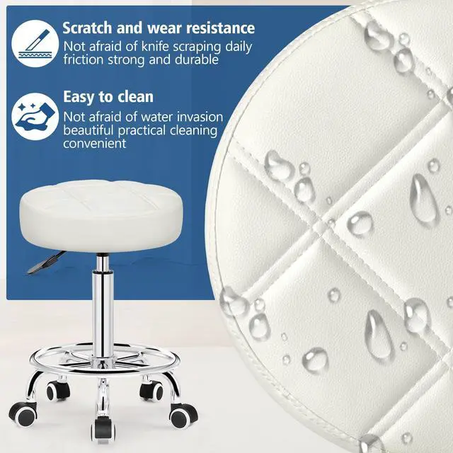 Alt view image 3 of 7 - Rolling Stool with Wheels, PU Leather Small Office Chair with Foot Rest,Versatile Adjustable Swivel Stool for Tattoo Massage Salon Spa Teach Medical Facial Office Home Work Kitchen White