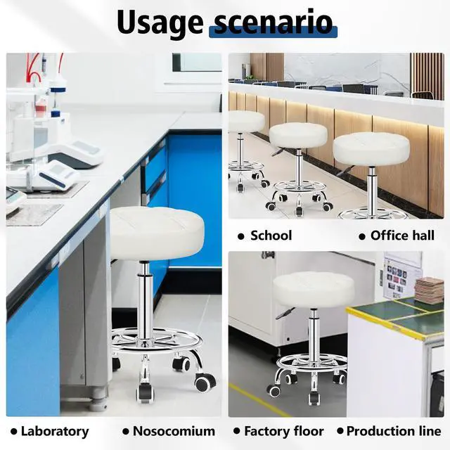 Alt view image 6 of 7 - Rolling Stool with Wheels, PU Leather Small Office Chair with Foot Rest,Versatile Adjustable Swivel Stool for Tattoo Massage Salon Spa Teach Medical Facial Office Home Work Kitchen White