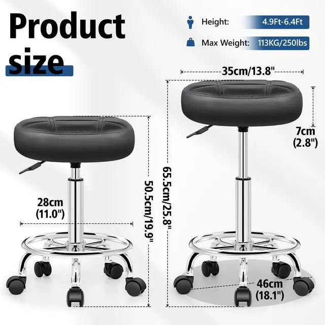 Alt view image 2 of 7 - Rolling Stool with Wheels, PU Leather Small Office Chair with Foot Rest,Versatile Adjustable Swivel Stool for Tattoo Massage Salon Spa Teach Medical Facial Office Home Work Kitchen