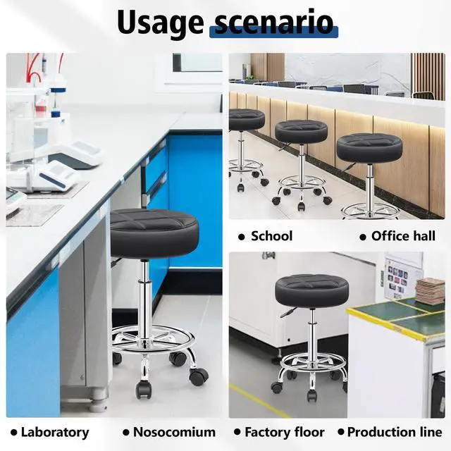 Alt view image 6 of 7 - Rolling Stool with Wheels, PU Leather Small Office Chair with Foot Rest,Versatile Adjustable Swivel Stool for Tattoo Massage Salon Spa Teach Medical Facial Office Home Work Kitchen