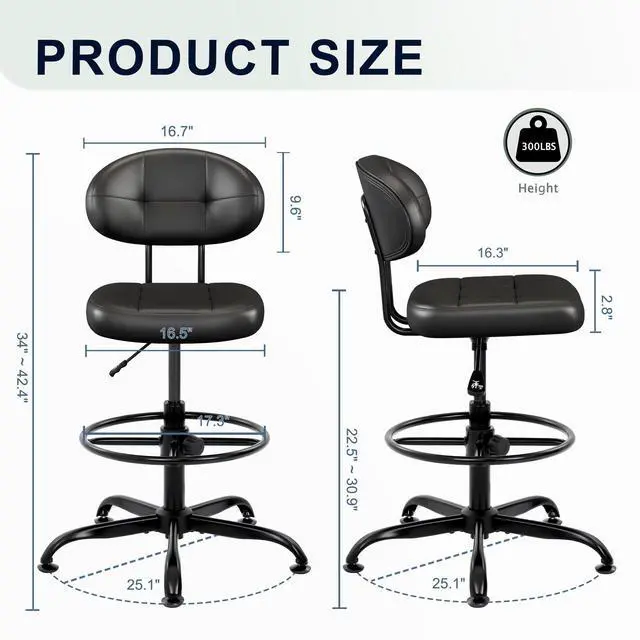 Alt view image 2 of 6 - Armless Drafting Chair, Tall Office Chair no Wheels with Footrest Ring for Standing Desk, Small Faux Leather Executive Vanity Chair with Adjustable Height for Bar Counter Desk Black