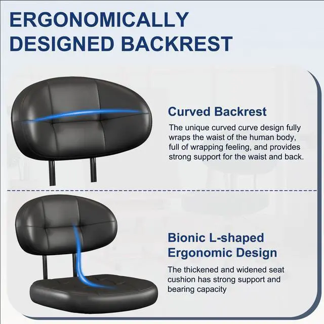 Alt view image 3 of 7 - Vanity Chair with back, Small Armless Cute office Chair with wheels and Lumbar support, Comfy PU Leather Desk Computer Chairs with Adjustable Height, 360°Swivel for Home Bedroom Office, Black