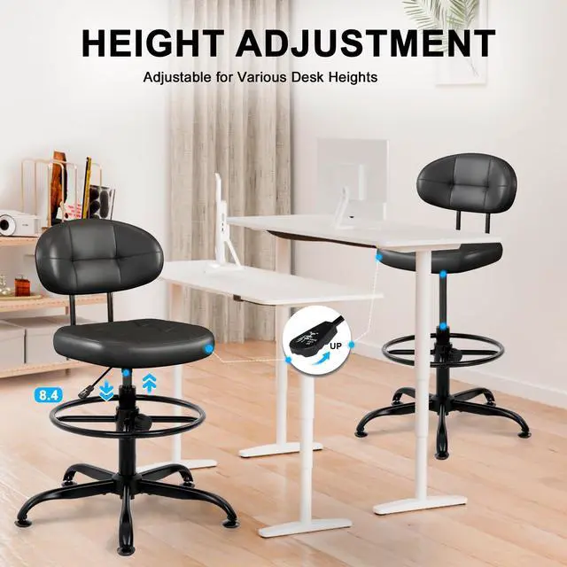 Alt view image 5 of 6 - Armless Drafting Chair, Tall Office Chair no Wheels with Footrest Ring for Standing Desk, Small Faux Leather Executive Vanity Chair with Adjustable Height for Bar Counter Desk Black