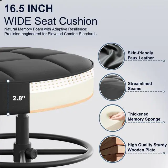 Alt view image 6 of 6 - Armless Drafting Chair, Tall Office Chair no Wheels with Footrest Ring for Standing Desk, Small Faux Leather Executive Vanity Chair with Adjustable Height for Bar Counter Desk Black