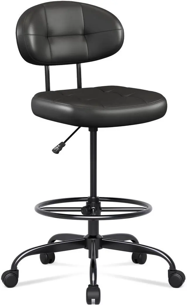 Main image of Drafting Chair Without Arms, Tall Office Chair with Footrest Ring for Standing Desk, Small Faux Leather Executive Office Chair with Adjustable Height for Bar Lab Counter Height Desk, Black