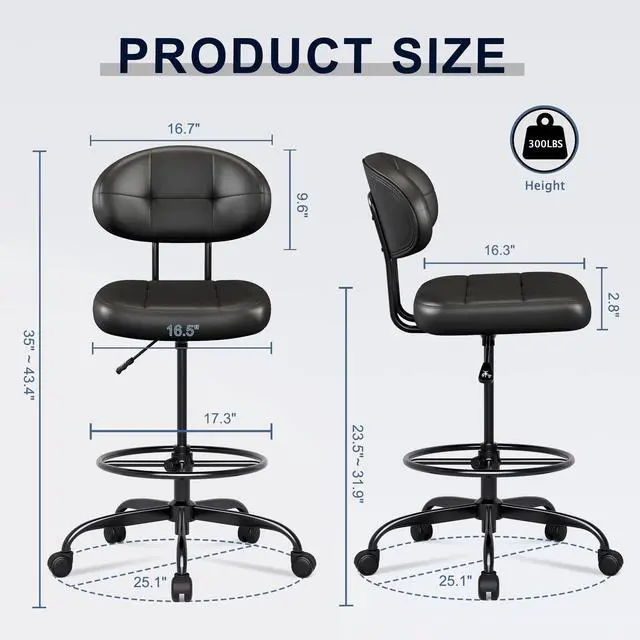 Alt view image 2 of 7 - Drafting Chair Without Arms, Tall Office Chair with Footrest Ring for Standing Desk, Small Faux Leather Executive Office Chair with Adjustable Height for Bar Lab Counter Height Desk, Black