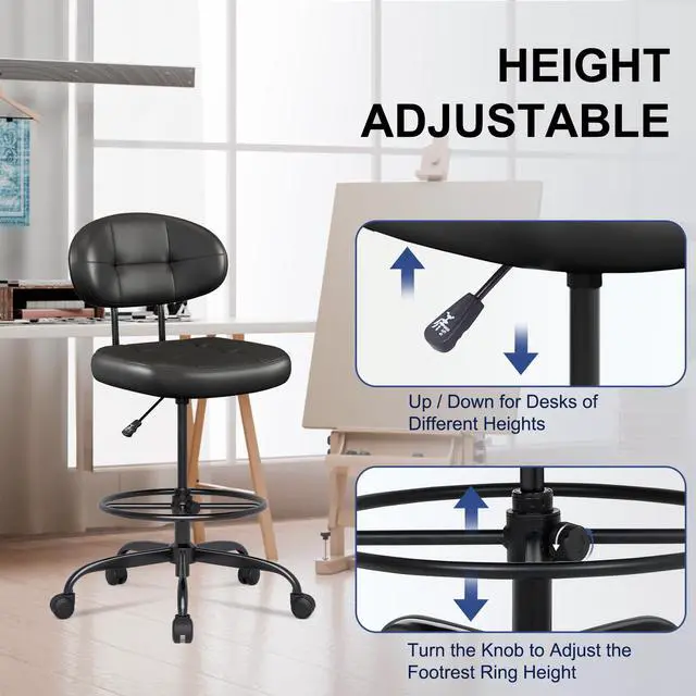 Alt view image 4 of 7 - Drafting Chair Without Arms, Tall Office Chair with Footrest Ring for Standing Desk, Small Faux Leather Executive Office Chair with Adjustable Height for Bar Lab Counter Height Desk, Black