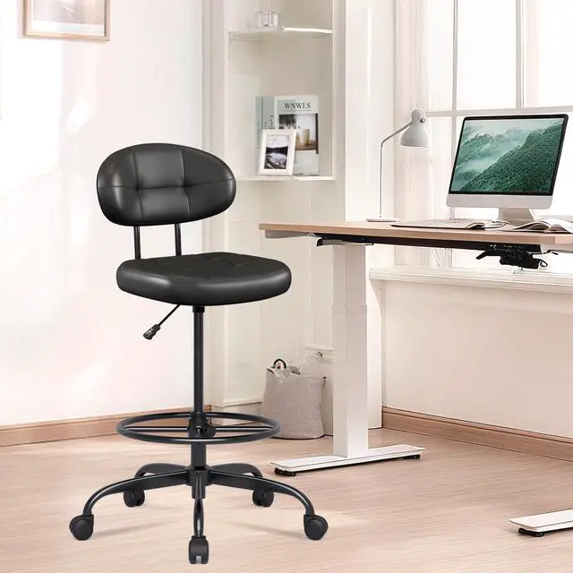 Alt view image 7 of 7 - Drafting Chair Without Arms, Tall Office Chair with Footrest Ring for Standing Desk, Small Faux Leather Executive Office Chair with Adjustable Height for Bar Lab Counter Height Desk, Black
