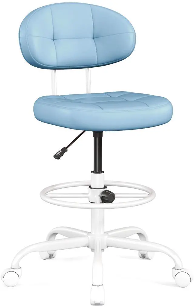 Main image of Drafting Chair, Armless Tall Office Chair with Footrest Ring for Standing Desk, Small Faux Leather Executive Computer Chair with Adjustable Height for Bar Lab Counter Height Desk, Blue