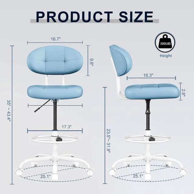 Alt view image 2 of 7 - Drafting Chair, Armless Tall Office Chair with Footrest Ring for Standing Desk, Small Faux Leather Executive Computer Chair with Adjustable Height for Bar Lab Counter Height Desk, Blue