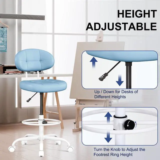 Alt view image 5 of 7 - Drafting Chair, Armless Tall Office Chair with Footrest Ring for Standing Desk, Small Faux Leather Executive Computer Chair with Adjustable Height for Bar Lab Counter Height Desk, Blue