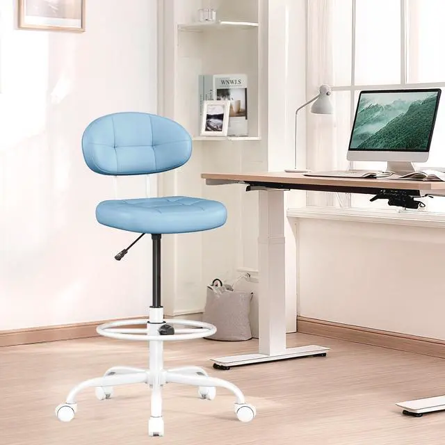 Alt view image 6 of 7 - Drafting Chair, Armless Tall Office Chair with Footrest Ring for Standing Desk, Small Faux Leather Executive Computer Chair with Adjustable Height for Bar Lab Counter Height Desk, Blue