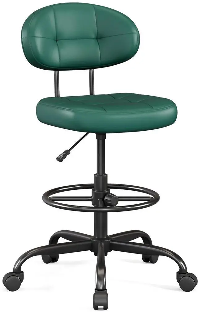 Main image of Drafting Chair, Armless Tall Office Chair with Footrest Ring for Standing Desk, Small Faux Leather Executive Computer Chair with Adjustable Height for Bar Lab Counter Height Desk, Green