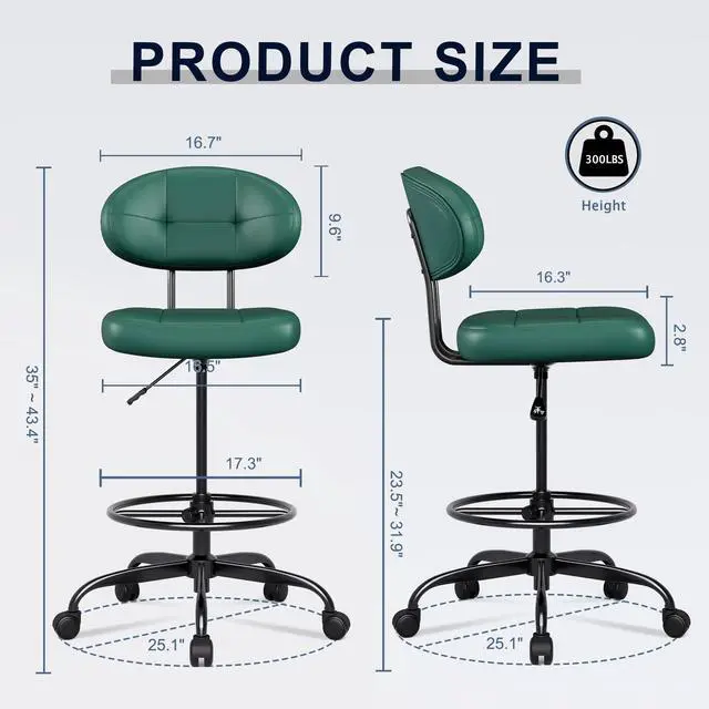 Alt view image 2 of 7 - Drafting Chair, Armless Tall Office Chair with Footrest Ring for Standing Desk, Small Faux Leather Executive Computer Chair with Adjustable Height for Bar Lab Counter Height Desk, Green