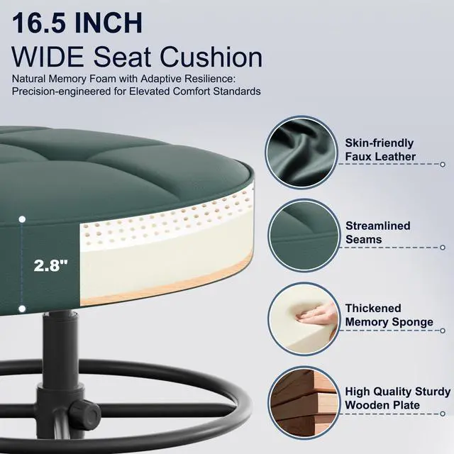 Alt view image 4 of 7 - Drafting Chair, Armless Tall Office Chair with Footrest Ring for Standing Desk, Small Faux Leather Executive Computer Chair with Adjustable Height for Bar Lab Counter Height Desk, Green