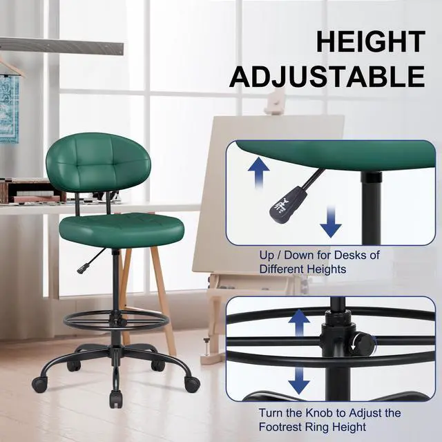 Alt view image 5 of 7 - Drafting Chair, Armless Tall Office Chair with Footrest Ring for Standing Desk, Small Faux Leather Executive Computer Chair with Adjustable Height for Bar Lab Counter Height Desk, Green