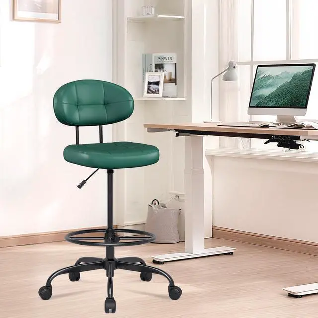 Alt view image 7 of 7 - Drafting Chair, Armless Tall Office Chair with Footrest Ring for Standing Desk, Small Faux Leather Executive Computer Chair with Adjustable Height for Bar Lab Counter Height Desk, Green