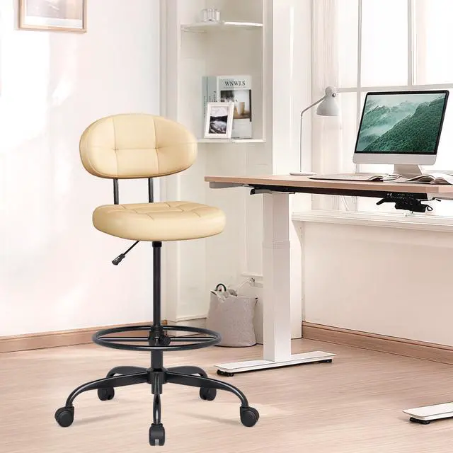 Alt view image 6 of 7 - Drafting Chair Without Arms, Tall Office Chair with Footrest Ring for Standing Desk, Small Faux Leather Executive Office Chair with Adjustable Height for Bar Lab Counter Height Desk, Khaki