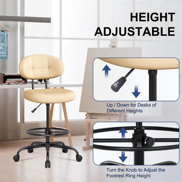 Alt view image 5 of 7 - Drafting Chair Without Arms, Tall Office Chair with Footrest Ring for Standing Desk, Small Faux Leather Executive Office Chair with Adjustable Height for Bar Lab Counter Height Desk, Khaki