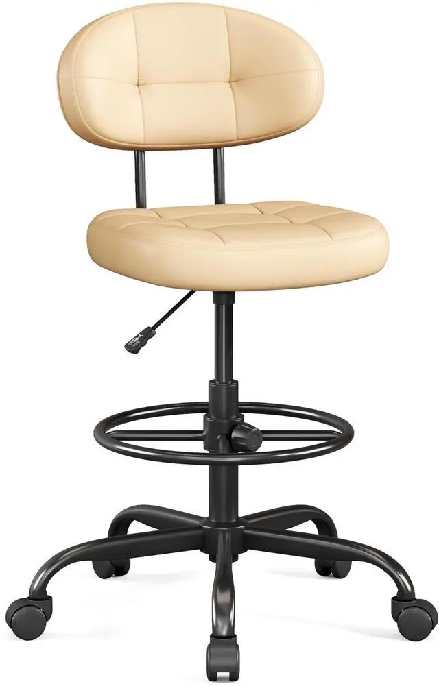 Main image of Drafting Chair Without Arms, Tall Office Chair with Footrest Ring for Standing Desk, Small Faux Leather Executive Office Chair with Adjustable Height for Bar Lab Counter Height Desk, Khaki