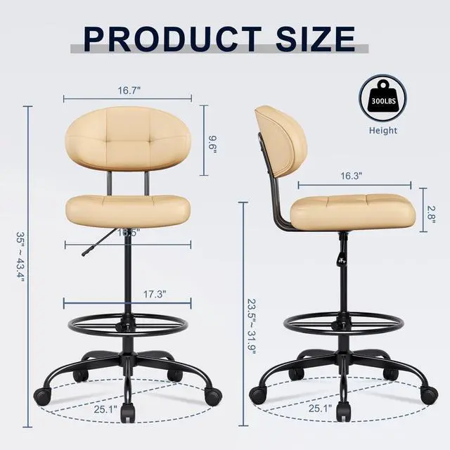 Alt view image 2 of 7 - Drafting Chair Without Arms, Tall Office Chair with Footrest Ring for Standing Desk, Small Faux Leather Executive Office Chair with Adjustable Height for Bar Lab Counter Height Desk, Khaki