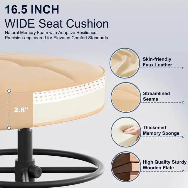 Alt view image 4 of 7 - Drafting Chair Without Arms, Tall Office Chair with Footrest Ring for Standing Desk, Small Faux Leather Executive Office Chair with Adjustable Height for Bar Lab Counter Height Desk, Khaki