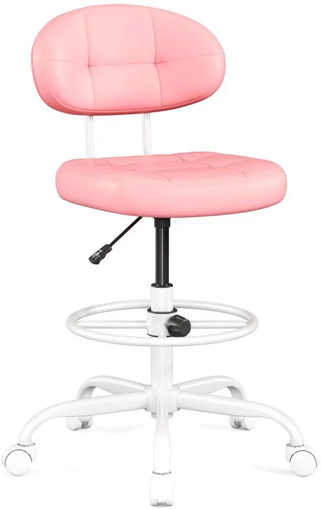 Main image of Drafting Chair, Armless Tall Office Chair with Footrest Ring for Standing Desk, Small Faux Leather Executive Computer Chair with Adjustable Height for Bar Lab Counter Height Desk, Pink