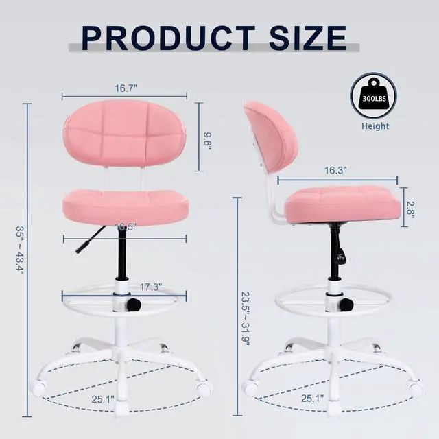 Alt view image 2 of 7 - Drafting Chair, Armless Tall Office Chair with Footrest Ring for Standing Desk, Small Faux Leather Executive Computer Chair with Adjustable Height for Bar Lab Counter Height Desk, Pink