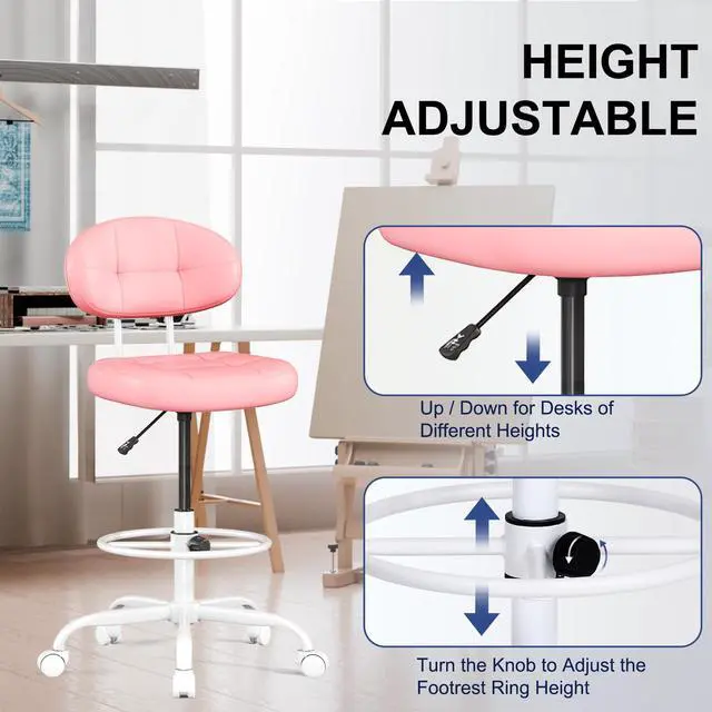 Alt view image 5 of 7 - Drafting Chair, Armless Tall Office Chair with Footrest Ring for Standing Desk, Small Faux Leather Executive Computer Chair with Adjustable Height for Bar Lab Counter Height Desk, Pink