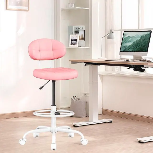 Alt view image 6 of 7 - Drafting Chair, Armless Tall Office Chair with Footrest Ring for Standing Desk, Small Faux Leather Executive Computer Chair with Adjustable Height for Bar Lab Counter Height Desk, Pink