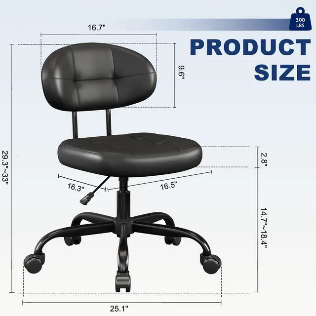 Alt view image 2 of 7 - Vanity Chair with back, Small Armless Cute office Chair with wheels and Lumbar support, Comfy PU Leather Desk Computer Chairs with Adjustable Height, 360°Swivel for Home Bedroom Office, Black