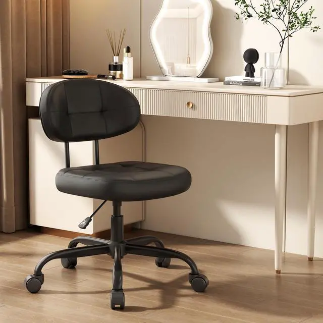Main image of Vanity Chair with back, Small Armless Cute office Chair with wheels and Lumbar support, Comfy PU Leather Desk Computer Chairs with Adjustable Height, 360°Swivel for Home Bedroom Office, Black