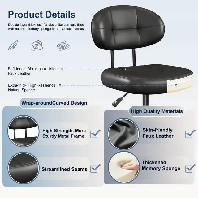 Alt view image 4 of 7 - Vanity Chair with back, Small Armless Cute office Chair with wheels and Lumbar support, Comfy PU Leather Desk Computer Chairs with Adjustable Height, 360°Swivel for Home Bedroom Office, Black