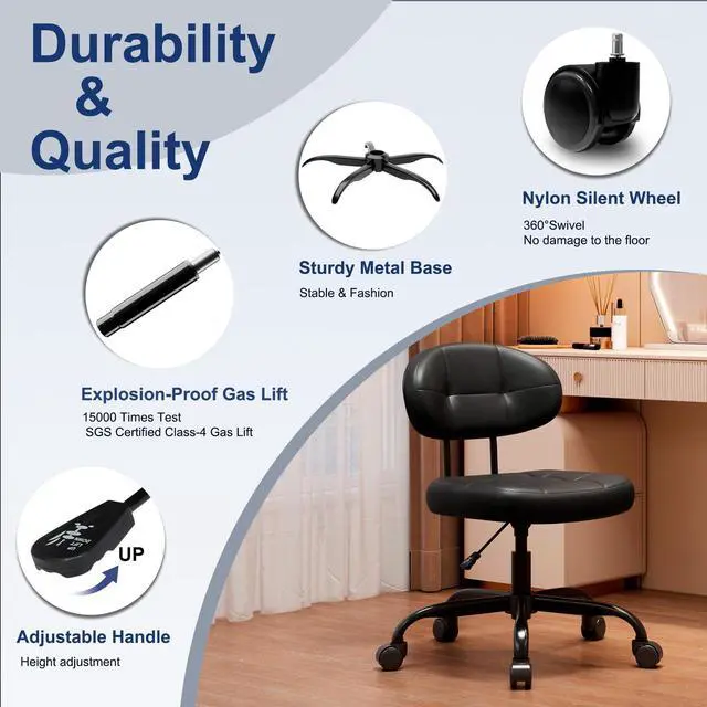 Alt view image 6 of 7 - Vanity Chair with back, Small Armless Cute office Chair with wheels and Lumbar support, Comfy PU Leather Desk Computer Chairs with Adjustable Height, 360°Swivel for Home Bedroom Office, Black