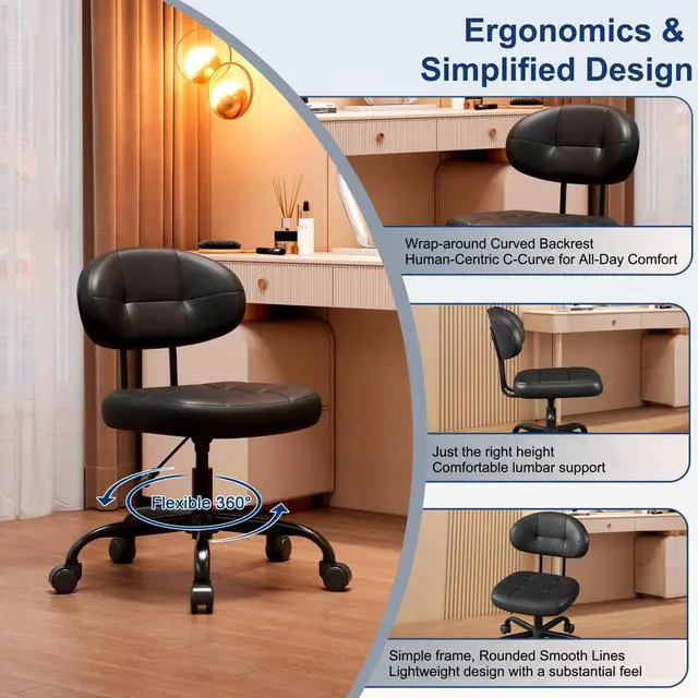 Alt view image 5 of 7 - Vanity Chair with back, Small Armless Cute office Chair with wheels and Lumbar support, Comfy PU Leather Desk Computer Chairs with Adjustable Height, 360°Swivel for Home Bedroom Office, Black