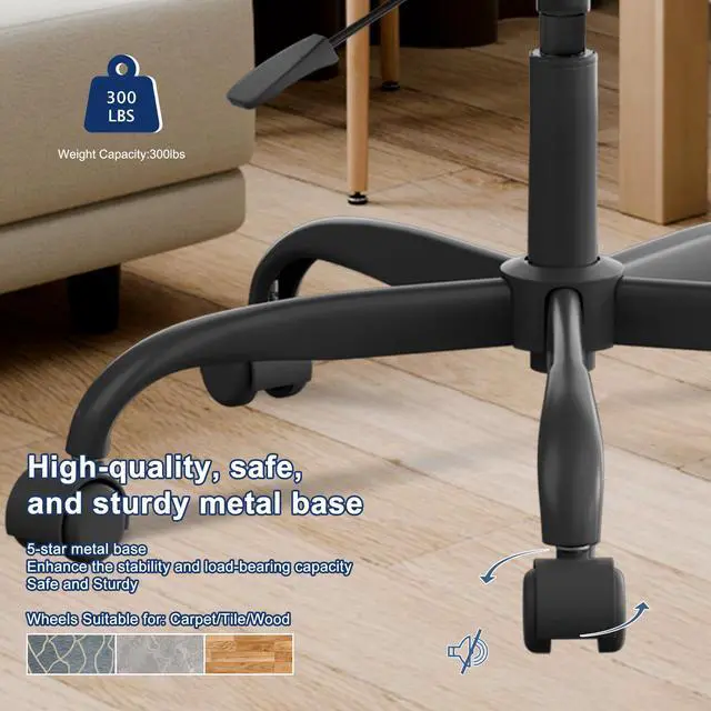 Alt view image 7 of 7 - Vanity Chair with back, Small Armless Cute office Chair with wheels and Lumbar support, Comfy PU Leather Desk Computer Chairs with Adjustable Height, 360°Swivel for Home Bedroom Office, Black