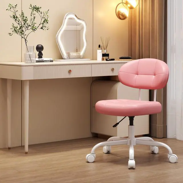 Alt view image 2 of 7 - Vanity Chair with Back, Small Armless Cute Office Chair with Wheels and Lumbar Support, Comfy PU Leather Desk Computer Chairs with Adjustable Height, 360°Swivel for Home Bedroom Office, Pink