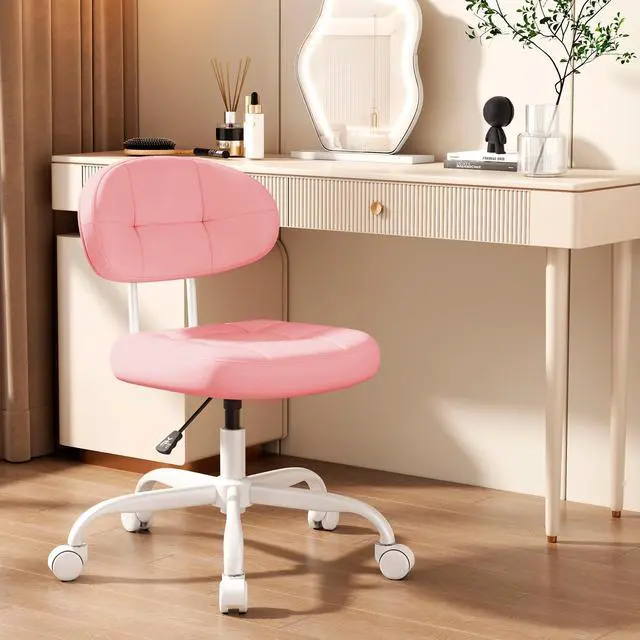 Main image of Vanity Chair with Back, Small Armless Cute Office Chair with Wheels and Lumbar Support, Comfy PU Leather Desk Computer Chairs with Adjustable Height, 360°Swivel for Home Bedroom Office, Pink