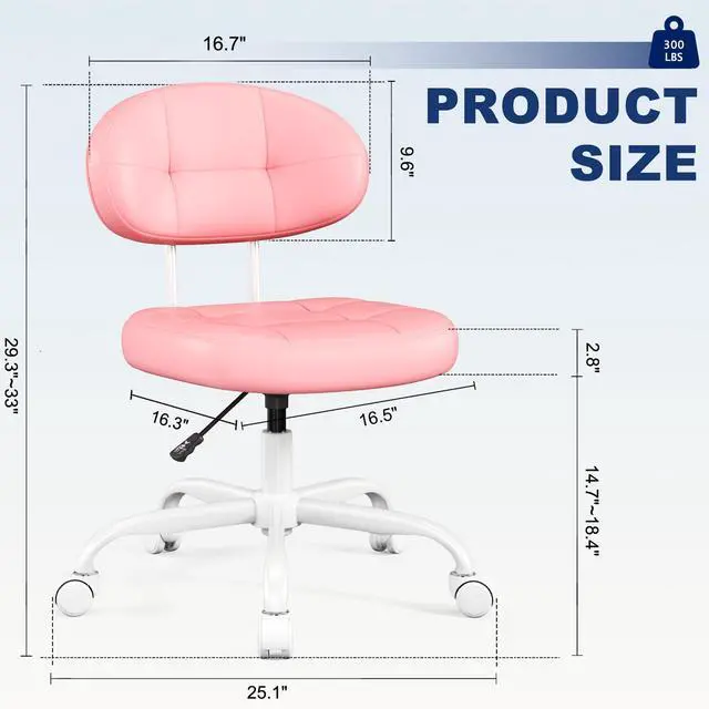 Alt view image 3 of 7 - Vanity Chair with Back, Small Armless Cute Office Chair with Wheels and Lumbar Support, Comfy PU Leather Desk Computer Chairs with Adjustable Height, 360°Swivel for Home Bedroom Office, Pink
