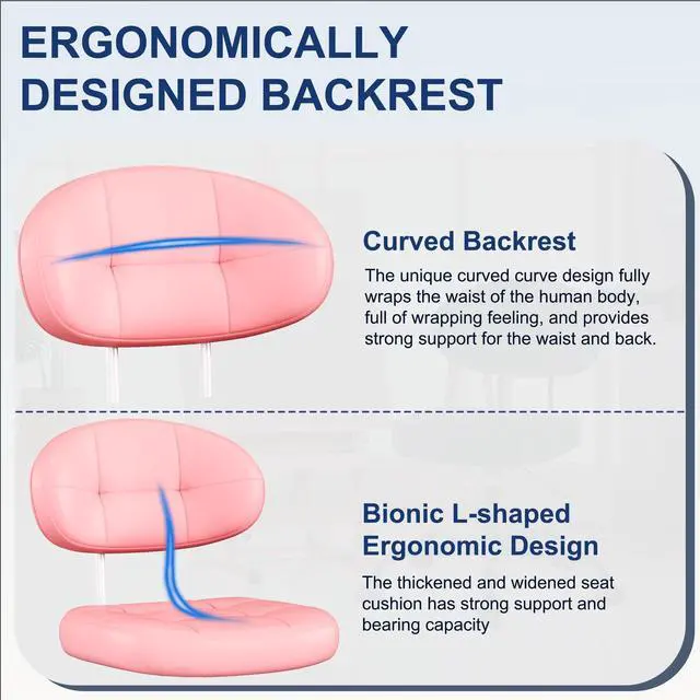 Alt view image 4 of 7 - Vanity Chair with Back, Small Armless Cute Office Chair with Wheels and Lumbar Support, Comfy PU Leather Desk Computer Chairs with Adjustable Height, 360°Swivel for Home Bedroom Office, Pink