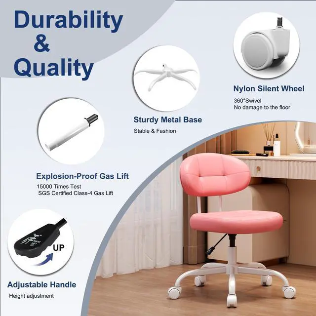 Alt view image 7 of 7 - Vanity Chair with Back, Small Armless Cute Office Chair with Wheels and Lumbar Support, Comfy PU Leather Desk Computer Chairs with Adjustable Height, 360°Swivel for Home Bedroom Office, Pink