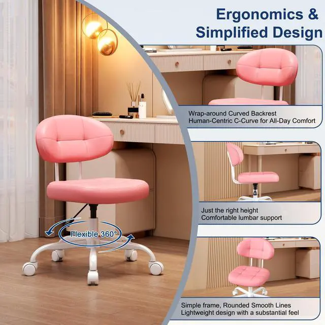 Alt view image 6 of 7 - Vanity Chair with Back, Small Armless Cute Office Chair with Wheels and Lumbar Support, Comfy PU Leather Desk Computer Chairs with Adjustable Height, 360°Swivel for Home Bedroom Office, Pink