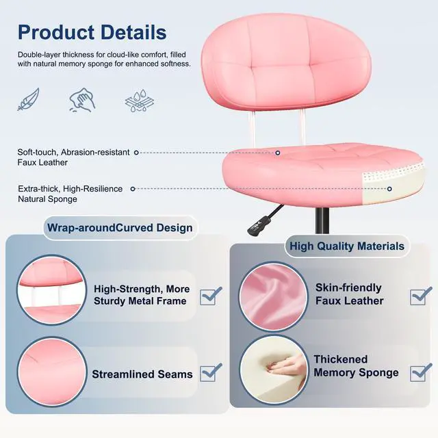 Alt view image 5 of 7 - Vanity Chair with Back, Small Armless Cute Office Chair with Wheels and Lumbar Support, Comfy PU Leather Desk Computer Chairs with Adjustable Height, 360°Swivel for Home Bedroom Office, Pink