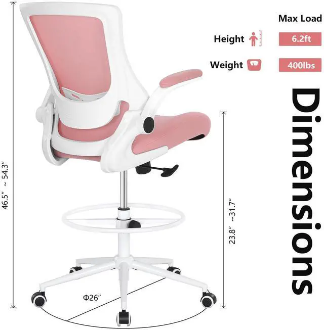 Alt view image 5 of 6 - Tall Office Chair, Drafting Chair for Standing Desk, High Office Chair with Adjustable Lumbar Support, Flip-up Arm and Footrest Ring, Tall Drafting Chair for Bar Height Desk