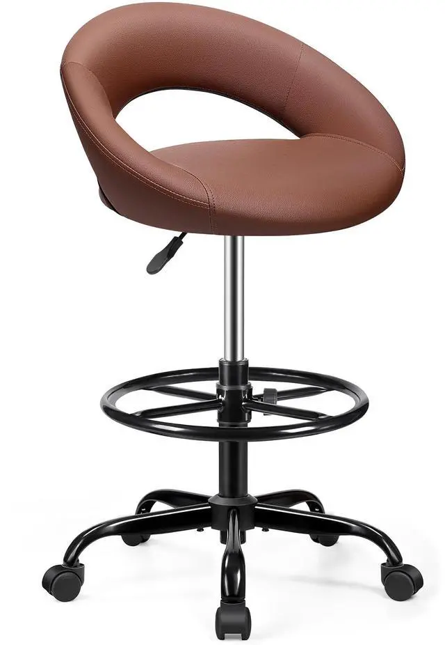 Main image of Drafting Chair with Footrest, Height Adjustable Rolling Shop Stool | Tall 360° Swivel Bar Stool with Backrest, PU Leather Chair with Casters for Standing Desk, Home Office Kitchen Counter, Brown