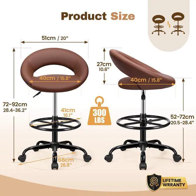 Alt view image 3 of 7 - Office Drafting Chair, Adjustable Counter Height Rolling Stool | Swivel PU Leather Stool with Wheels & Foot Rest for Home Office, Standing Desk Kitchen Garage Salon Shop Vanity, Brown 2 Pack