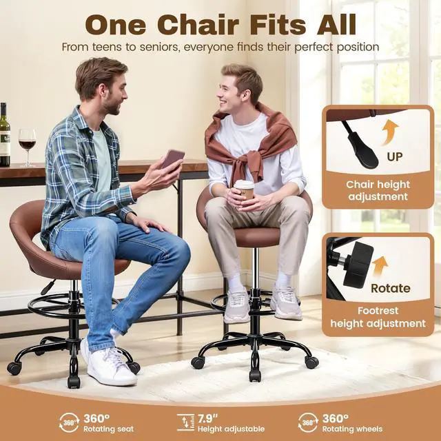 Alt view image 6 of 7 - Office Drafting Chair, Adjustable Counter Height Rolling Stool | Swivel PU Leather Stool with Wheels & Foot Rest for Home Office, Standing Desk Kitchen Garage Salon Shop Vanity, Brown 2 Pack
